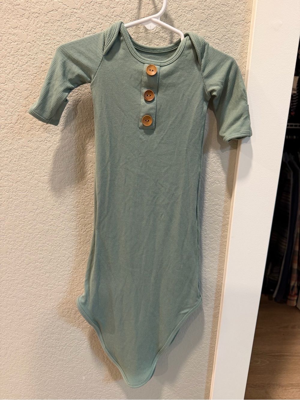 Caden Lane Sage Ribbed Long-Sleeve One-Piece Bodysuit with Wooden Buttons